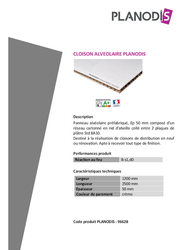 Fiche Produit - Planodis Cloison alvéolaire BA50